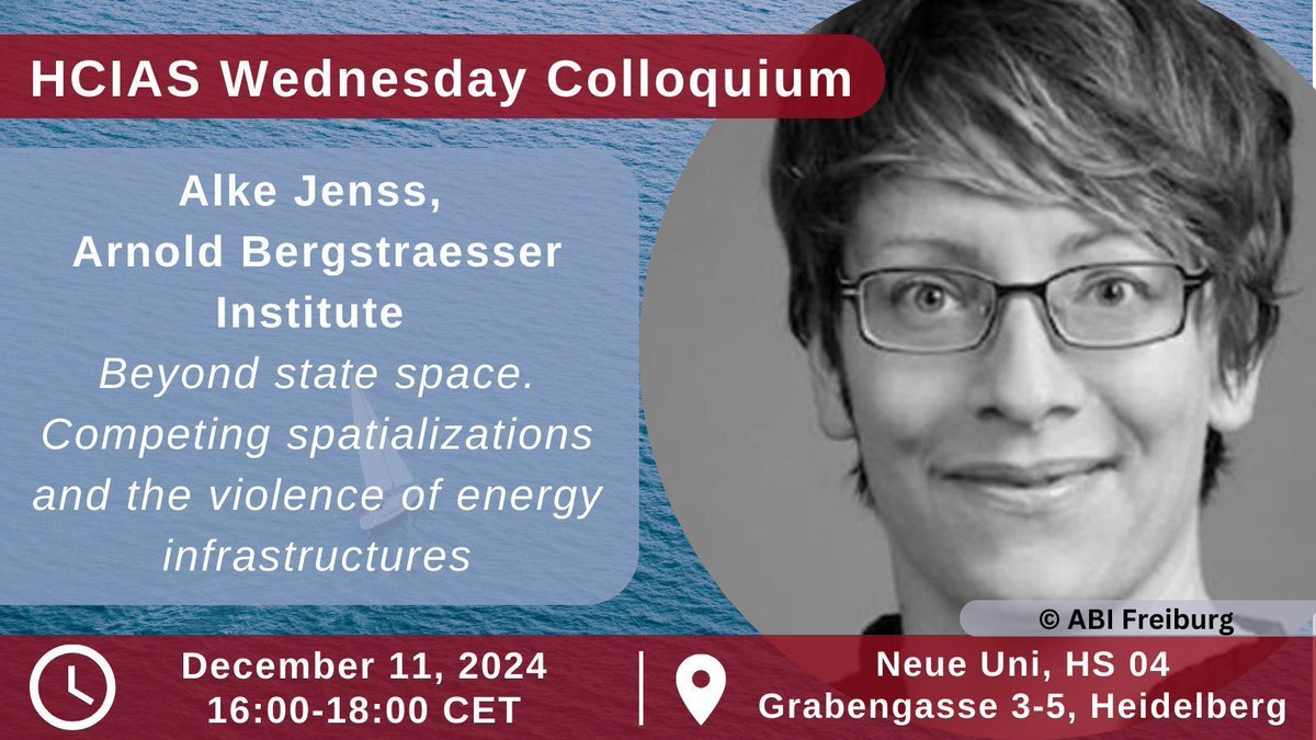 Heidelberg Center for Ibero-American Studies (@hcias_unihd) on Twitter photo 📆 On Dec. 11, 2024, Dr. Alke Jenss from <a href="/AbiFreiburg/">ABIFreiburg</a> will present her work on "Beyond state space. Competing spatializations and the violence of energy infrastructures" within the framework of the HCIAS Wednesday Colloquium. It will be held in Neue Uni, Hörsaal 14 at 16:00 CET. 📆 On Dec. 11, 2024, Dr. Alke Jenss from <a href="/AbiFreiburg/">ABIFreiburg</a> will present her work on "Beyond state space. Competing spatializations and the violence of energy infrastructures" within the framework of the HCIAS Wednesday Colloquium. It will be held in Neue Uni, Hörsaal 14 at 16:00 CET.