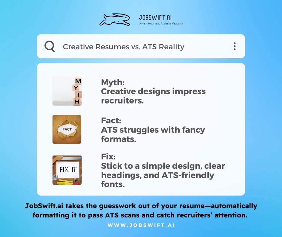 Think a flashy resume will land the job? Not so fast! 
🚫 ATS systems don’t read designs—they read DATA. Keep it simple, clear, and effective. 
#JobSearchTips #ATSReady #ResumeMyths