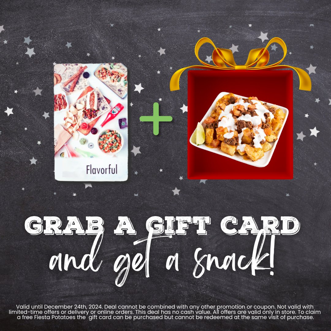 🎄 Wrap up your holiday shopping with Guac Mexi Grill! 

Buy a minimum $30 gift card by December 24th and snag a free Fiesta Potatoes as our gift to you. 💚

🥑 Find your nearest Guac Location: guacmexigrill.ca/locations/ 
🌮 Order Online: guacmexigrill.ca/guacmenu/