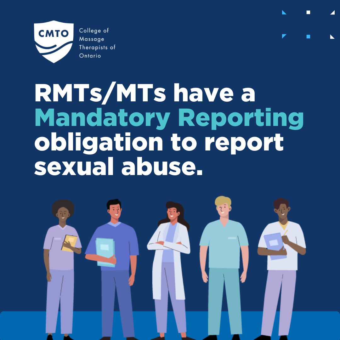 CollegeofMT's tweet photo. #DYK #RMTs/MTs, like all regulated healthcare professionals in #Ontario have a mandatory obligation to report sexual abuse? Learn more about Mandatory Reporting: https://t.co/3pe7IMOhzA
#16Days #EndAbuse https://t.co/W5UkCs9Xj2