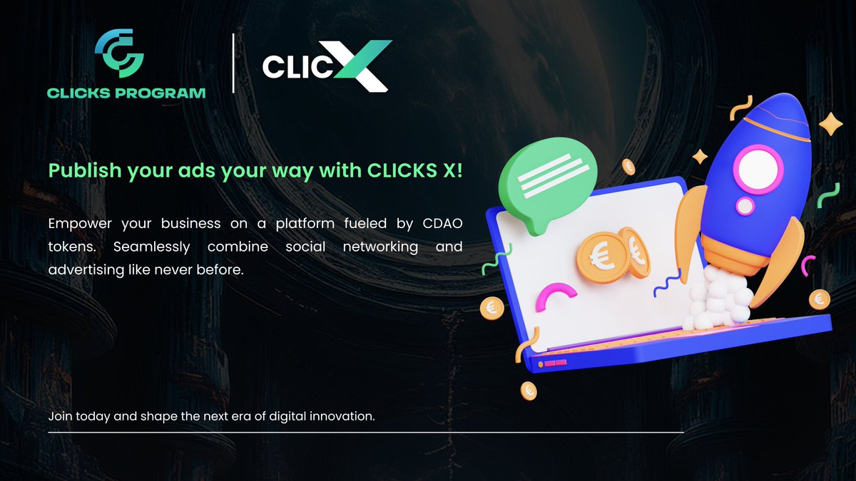 ClicksProgram's tweet image. 🎯 Publish your ads your way with CLICKS X!

Empower your business on a platform fueled by CDAO tokens. 

Seamlessly combine social networking and advertising like never before.

🔗 Start earning and promoting today.

#DecentralizedAds #CLICKSX #Clickstoken #CDAO #Defi…
