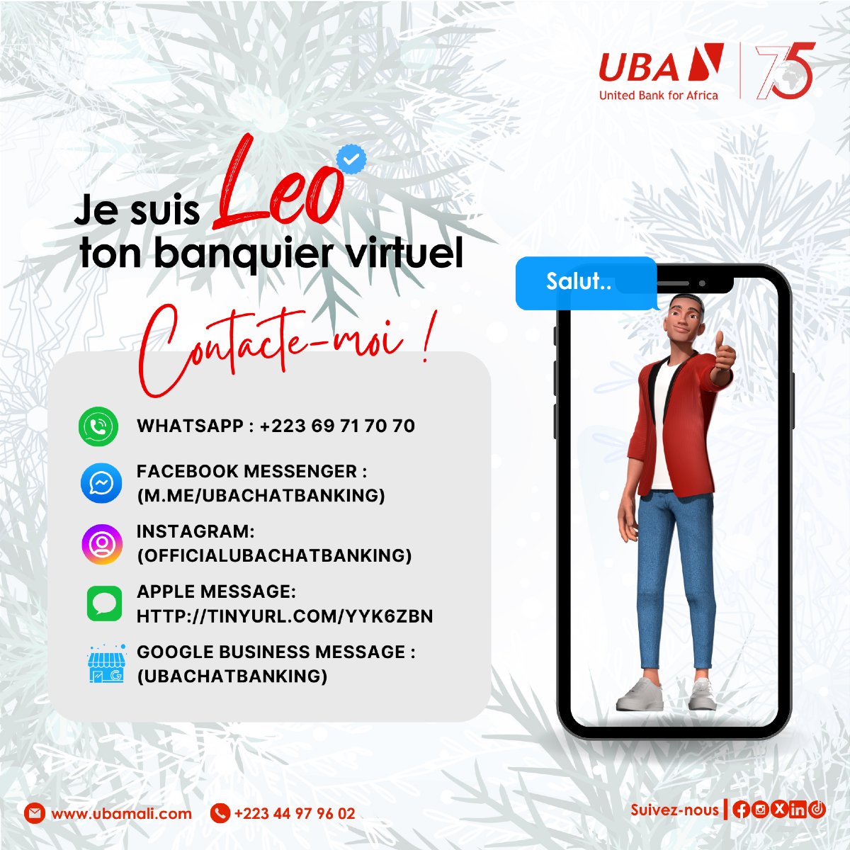 UBA_Mali's tweet photo. Besoin d’aide à tout moment ? Notre super Leo le banquier virtuerl est disponible 24/7 pour répondre à tous vos besoins et vous guider dans vos opérations bancaires. 🤩
📍Adoptez-le dès maintenant !
#Leo #Service24h/24 #africasglobalbank #labanquedigitale https://t.co/svF0jK9uDr