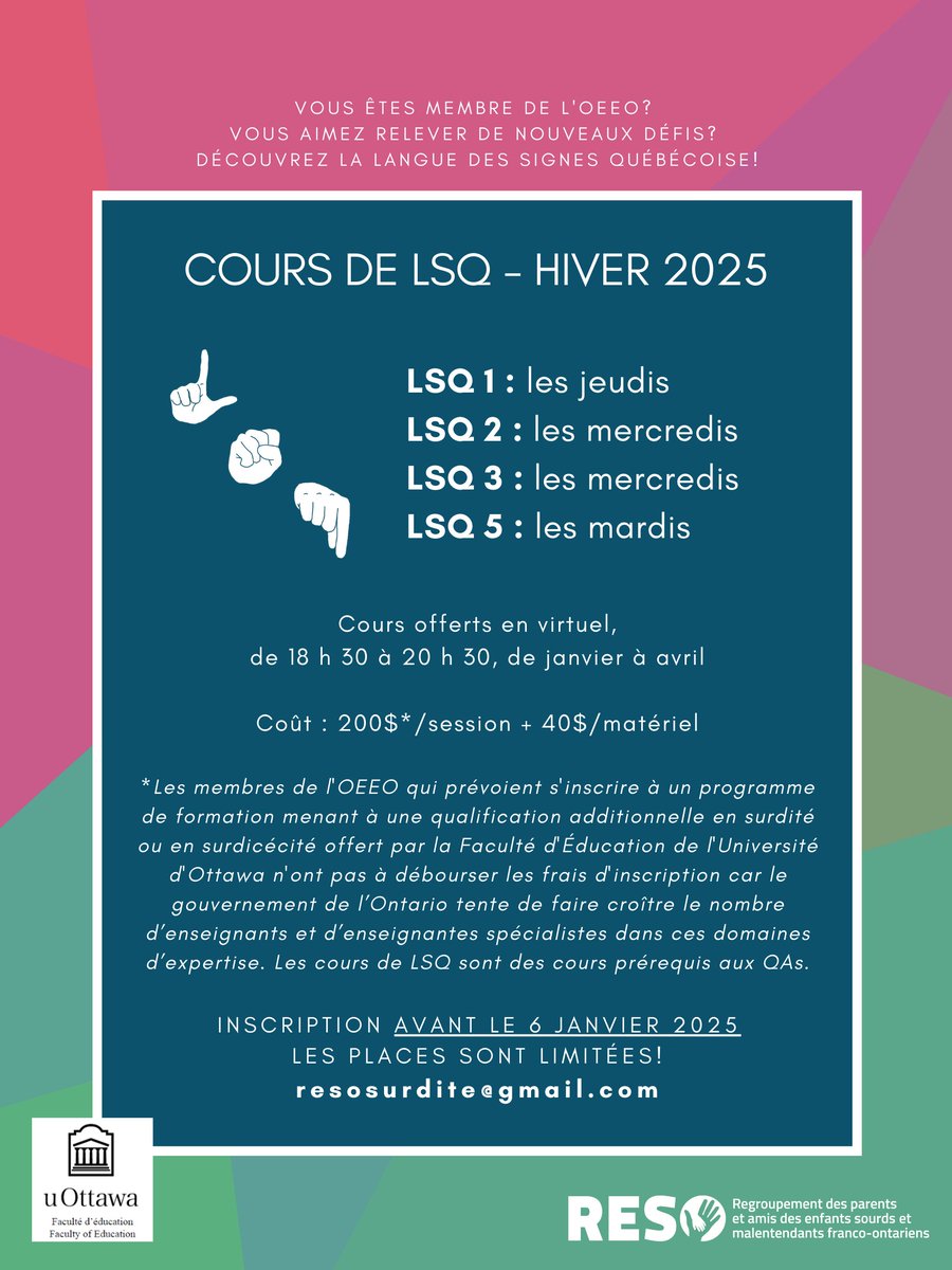 resosurdite's tweet photo. Vous êtes membre de l'OEEO? Vous aimez relever de nouveaux défis? Découvrez la LSQ! Les cours sont subventionnés pour les enseignant.e.s intéressé.e.s à poursuivre avec les programmes de QAs en surdité et en surdicécité de la @uOttawaEdu! Inscription : https://t.co/ObC1CplBD9 https://t.co/qRu1UZAyRR
