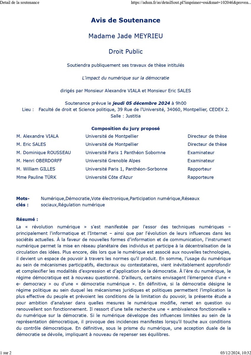ED_DSP_UM's tweet photo. Ancienne élue doctorante au conseil @ED_DSP_UM, @JadeMeyrieu a soutenu sa thèse "L'impact du numérique sur la démocratie" devant un jury composé des Pr @will_gilles, @henri_oberdorff, @RousseauDomini5, P. Türk, @Sales_Eric_UM &amp; @AlexandreViala2 (co-dir).
👏👏👏!
@CERCOP_UMontpel https://t.co/f1H988rZJF