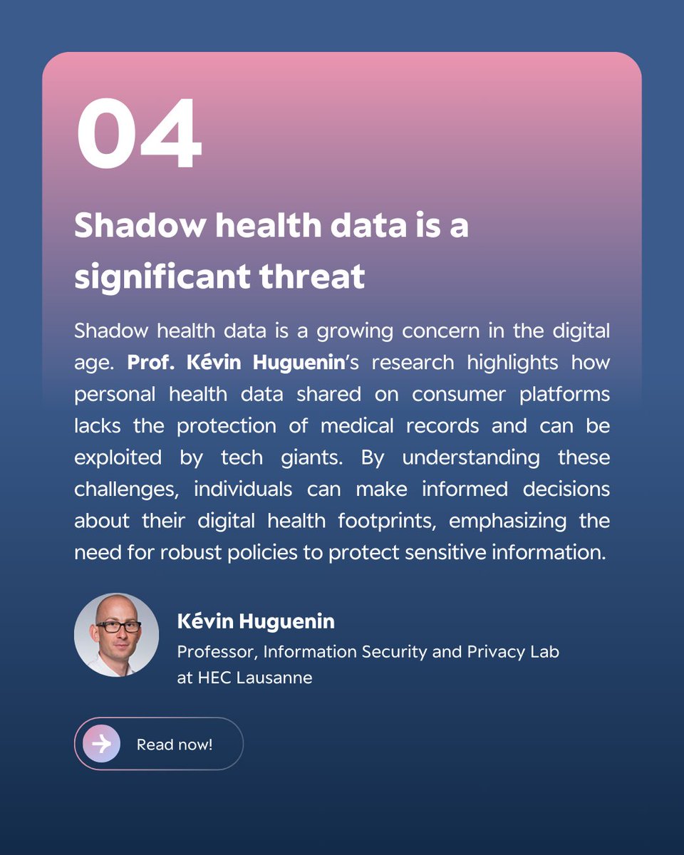 HEC Lausanne (@heclausanne) on Twitter photo 🔐 The threat of shadow health data 💻
In this 4️⃣th edition, Prof. Kévin Huguenin and his team highlight the privacy risks of health data on consumer platforms. Stronger policies are needed to protect sensitive info.
📖 Read more: bit.ly/4ilHUF2
#heclausanne #research 🔐 The threat of shadow health data 💻
In this 4️⃣th edition, Prof. Kévin Huguenin and his team highlight the privacy risks of health data on consumer platforms. Stronger policies are needed to protect sensitive info.
📖 Read more: bit.ly/4ilHUF2
#heclausanne #research