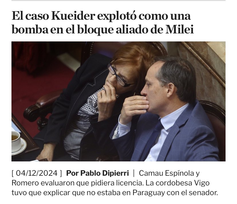 Es bueno recordar que el Senador Kueider integra el bloque junto a Camau Espinola, a quien el Gobierno de Milei pretende impulsar como candidato a Gobernador de Corrientes…
 ¡Qué socios corruptos que tiene LLA! Cada día más CASTA !