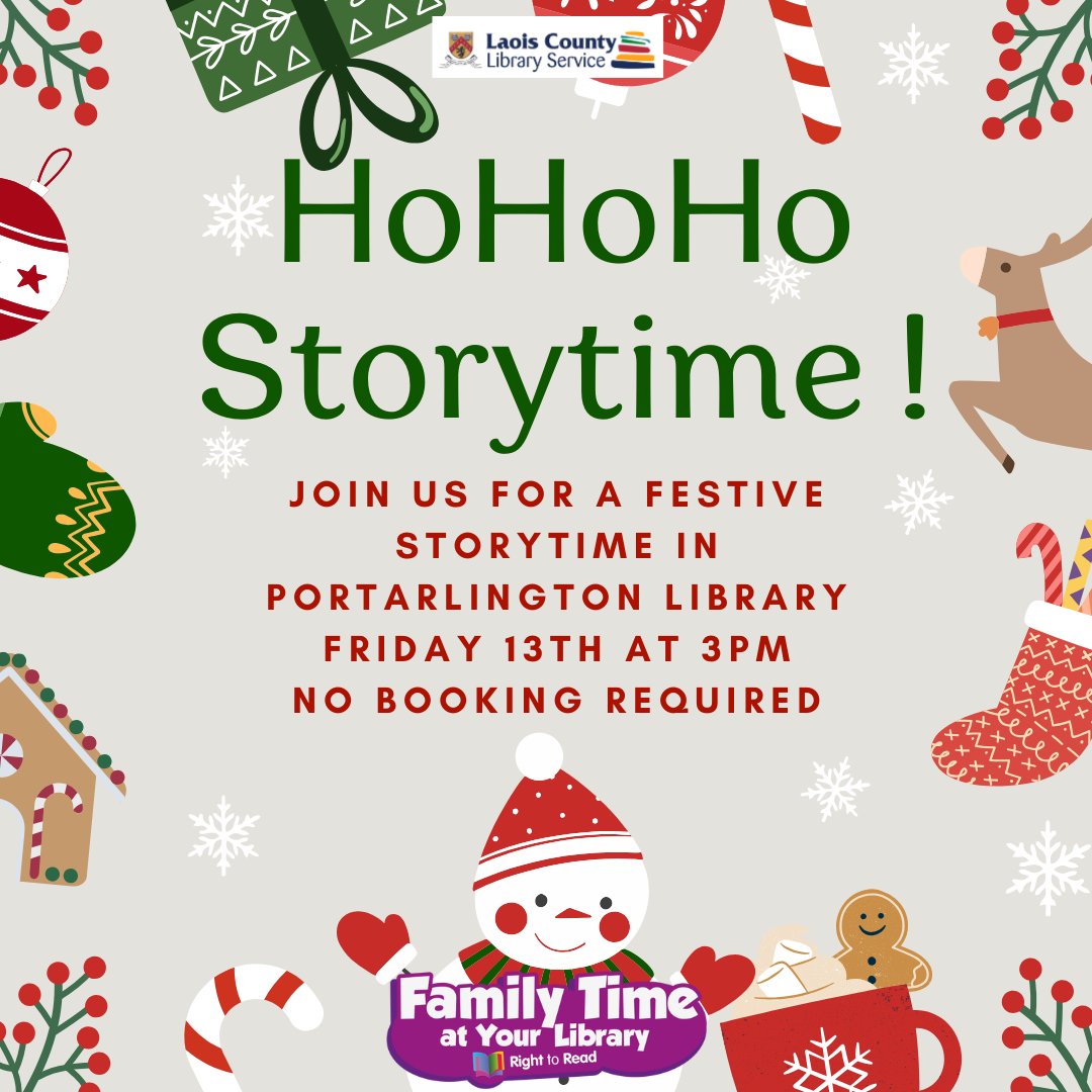 LaoisLibraries's tweet photo. Join us for a festive story time in Portarlington Library Friday 13th at 3pm. No booking required.📷📷📷
#FamilyTimeAtYourLibrary #storytime #festivefun #laois #portarlington #LibrariesIreland https://t.co/9znW75oVrd