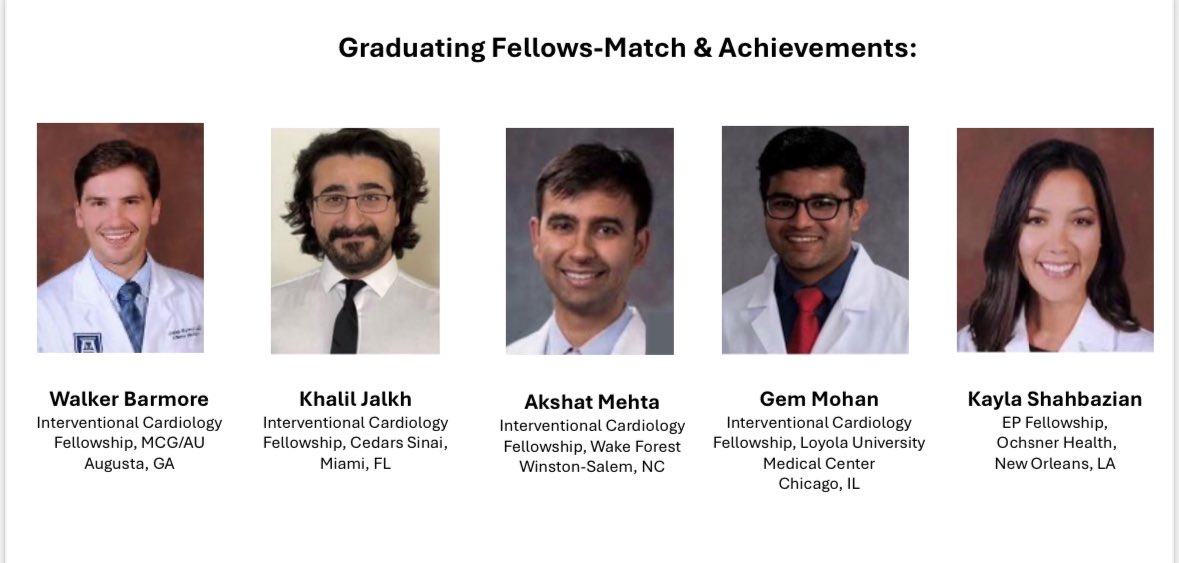 MCG Cardiology Fellowship (@mcgcardfellows) on Twitter photo Excited for our 3rd year fellows all matching at their top choices for advanced fellowship! <a href="/KayShahbazian/">Kayla Shahbazian DO</a> <a href="/drgemmohan/">Gem Mohan</a> <a href="/docakshatm/">Akshat Mehta</a> Khalil Jalkh and Walker Barmore. #fellowshipmatch
<a href="/Deya_AlkhatibMD/">Deya Alkhatib, MD, FACC, FASE🫀</a> <a href="/aroravis/">Vishal Arora</a> <a href="/MusaSharkawiMD/">Musa A. Sharkawi</a> Excited for our 3rd year fellows all matching at their top choices for advanced fellowship! <a href="/KayShahbazian/">Kayla Shahbazian DO</a> <a href="/drgemmohan/">Gem Mohan</a> <a href="/docakshatm/">Akshat Mehta</a> Khalil Jalkh and Walker Barmore. #fellowshipmatch
<a href="/Deya_AlkhatibMD/">Deya Alkhatib, MD, FACC, FASE🫀</a> <a href="/aroravis/">Vishal Arora</a> <a href="/MusaSharkawiMD/">Musa A. Sharkawi</a>