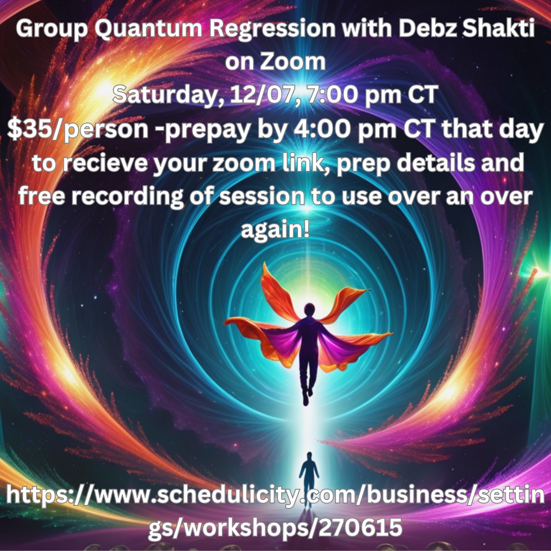 Can't attend live? Get your recording of the practice to use as often as you like, for whatever you like, by also pre-paying at the link: schedulicity.com/business/setti…
#debzshakti #quantumhypnosis #regression #qhht #pastliferegression #futurelives #quanttransformationswithdebzshakti
