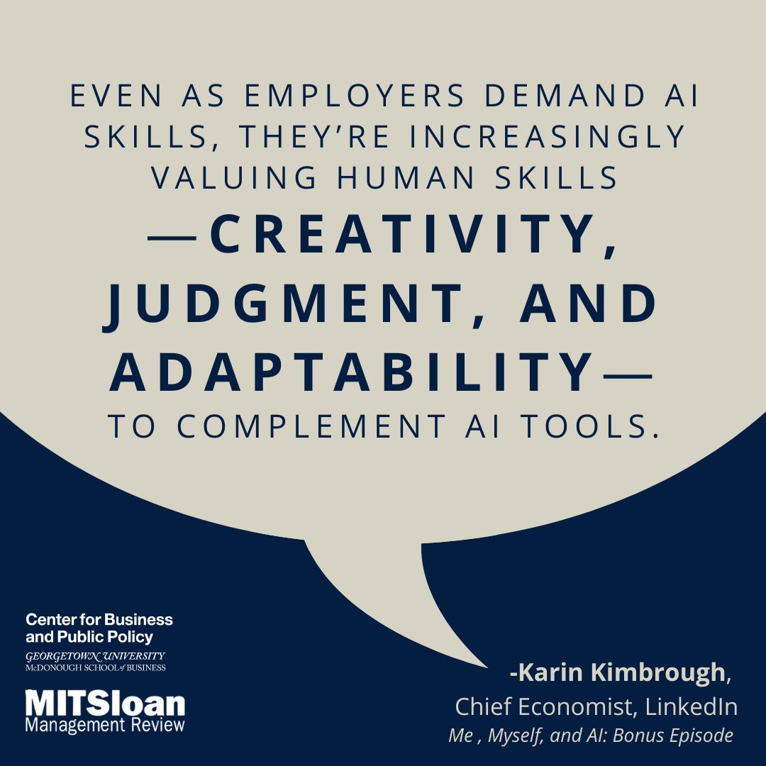 AI is transforming the workplace, but technical skills alone won't cut it. Creativity, judgment, and adaptability are essential to complement AI. 

Hear from LinkedIn's Karin Kimbrough in <a href="/mitsmr/">MIT Sloan Management Review</a>'s  Me, Myself, and AI podcast (recorded at #AIinAction2024)

podcasts.apple.com/us/podcast/bon…