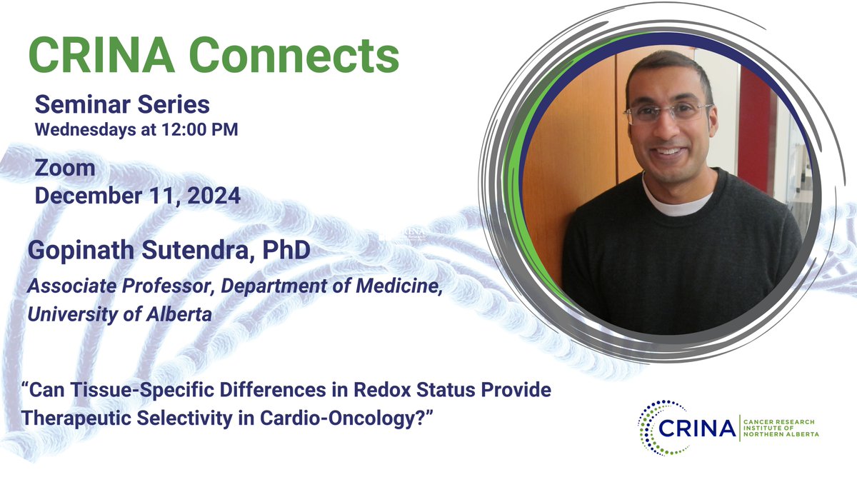 CRINA (@crina_uofa) on Twitter photo On Wednesday, December 11, join CRINA and Dr. Gopinath Sutendra for "Can Tissue-Specific Differences in Redox Status Provide Therapeutic Selectivity in Cardio-Oncology?" Email crina@ualberta.ca for the Zoom link. On Wednesday, December 11, join CRINA and Dr. Gopinath Sutendra for "Can Tissue-Specific Differences in Redox Status Provide Therapeutic Selectivity in Cardio-Oncology?" Email crina@ualberta.ca for the Zoom link.
