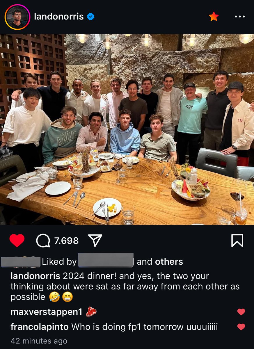 Lando: "los dos que están pensando, se sentaron lo más lejos posible"

Max: "🥩" (beef)

Franco: "quién va a hacer la FP1 mañana??" 🤌🤌😂