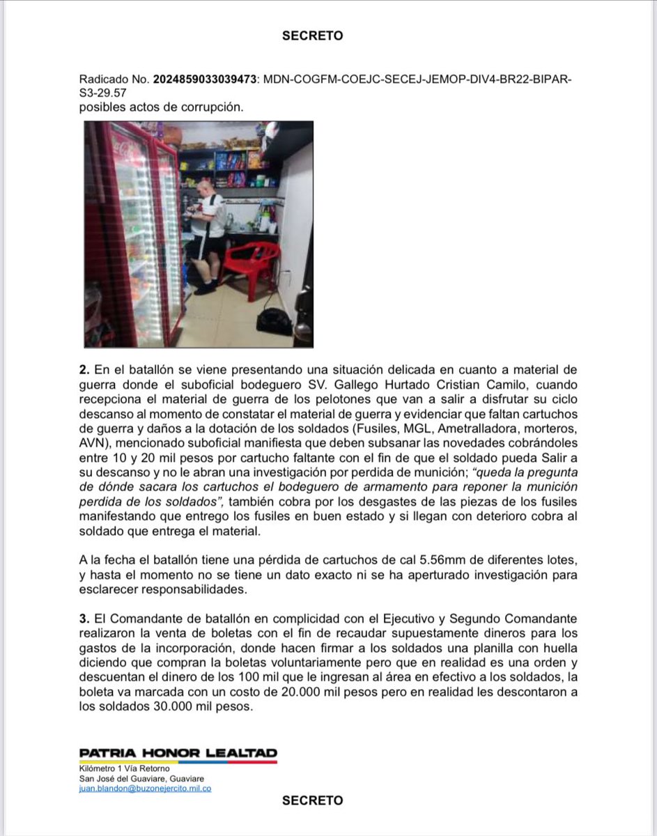 SGTOCHALA's tweet photo. Denuncia pública por posibles irregularidades al interior del Batallón de Infantería Nº 19 del @COL_EJERCITO "Joaquín París" con sede en San José del Guaviare al mando del TC. Nicolás Javier Santos Góngora. Abusos y malos tratos por parte del Mayor Jorh Alexander Díaz

Abro🧵 https://t.co/x2JOiNJU9L