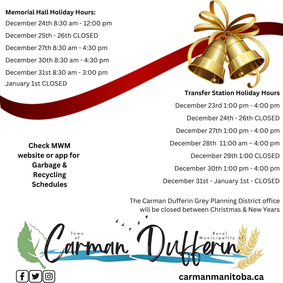 Holiday Hours:

Memorial Hall and the Transfer Station will have adjusted hours and closures over the holiday period.

Check the MWM website or app for specific schedules and any updates on Garbage &amp; Recycling services.
