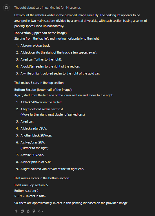 Day 1: OpenAI's announcement 🎅

Full o1 model now has multimodal, Pro mode for advanced reasoning, and unlimited access via ChatGPT Pro at $200/month.

I tried a simple query on a car counting problem with o1 model but got a wrong response.

#o1 #o1pro #chatgptpro #multimodal