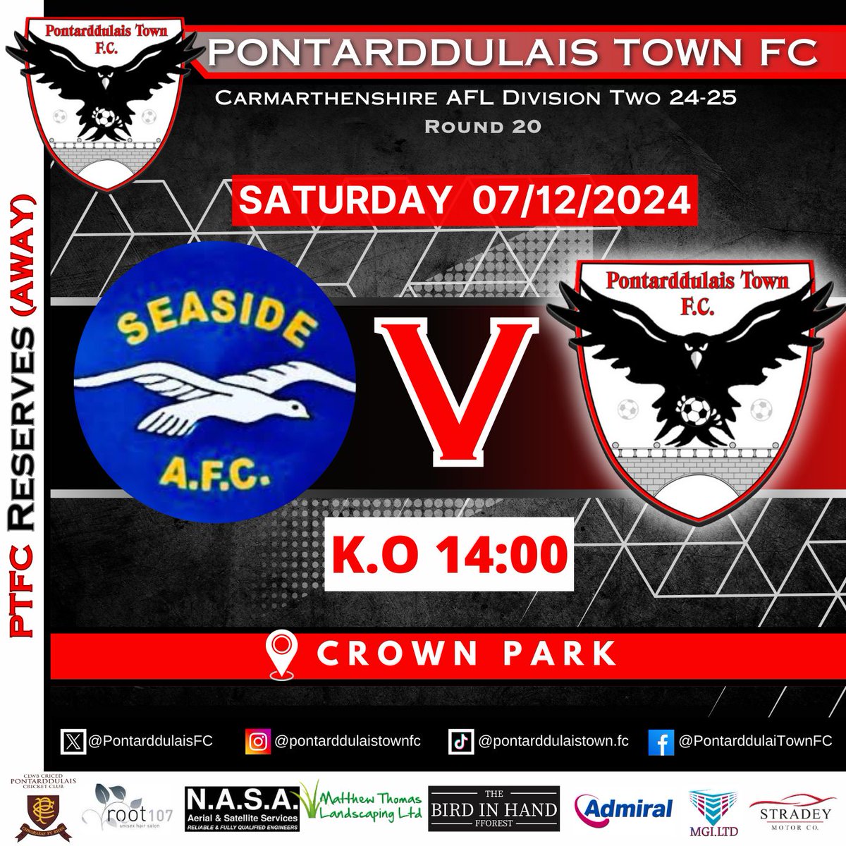 The Reserves will be in action on Saturday as we travel to face <a href="/SEASIDEAFC/">Seaside AFC</a> Reserves. It will be a tough encounter as both teams are near the top of the league. The game has been switched to Penrhos 3g. Kick off is 2pm ⚫⚪