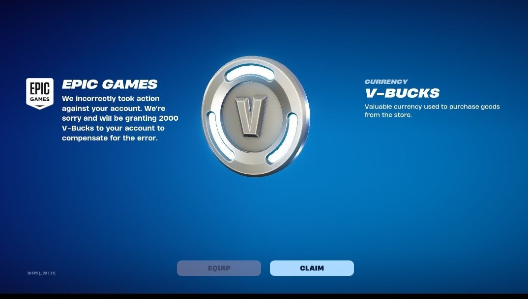 SwipyFn's tweet photo. Fortnite is giving 2,000 V-Bucks to all players who were falsely banned from the game at the start of Chapter 6 ❗️❗️ https://t.co/TaGyOUgT4A
