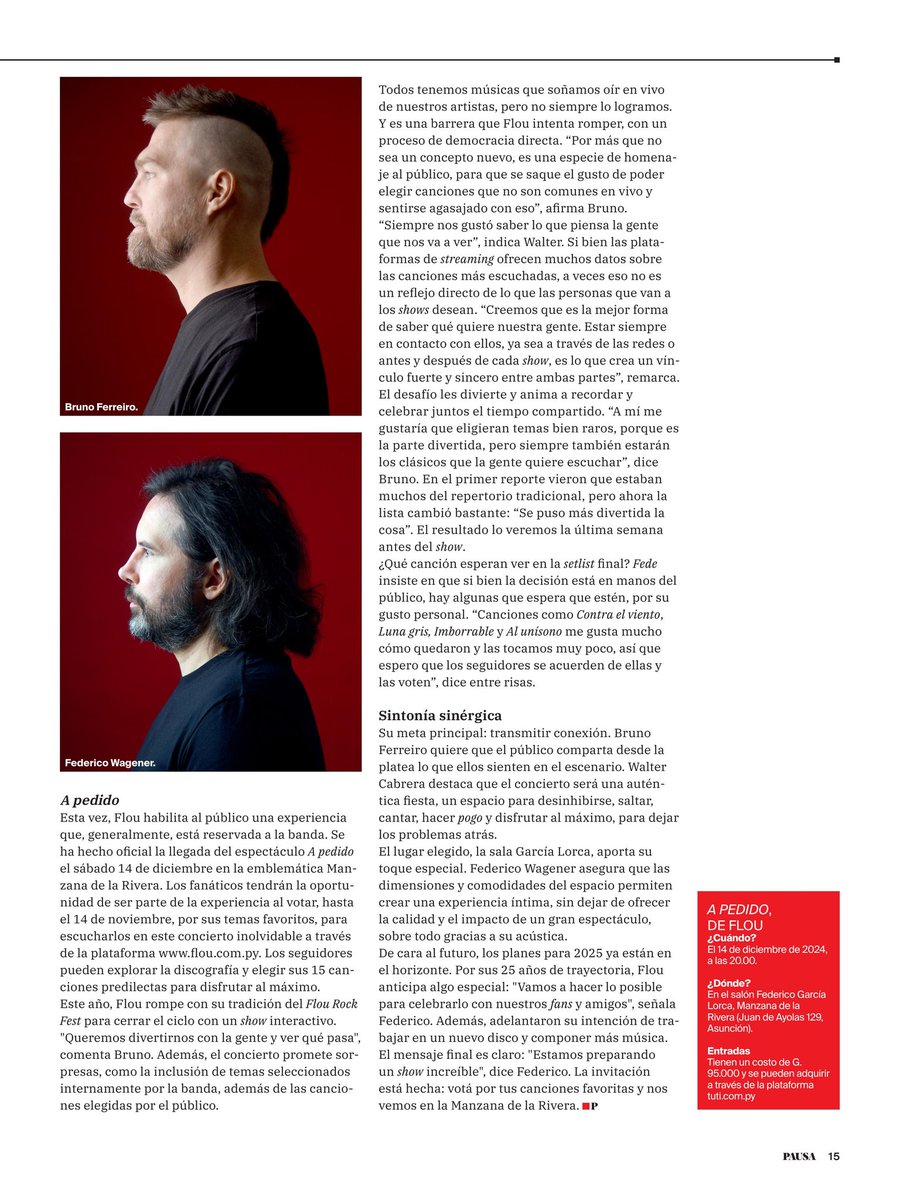 Muchas gracias <a href="/pausarevistauh/">Revista Pausa</a> 🗞 por la entrevista de la última edición destacando nuestros 24 años de trabajo y el #FlouAPedido 🎙🔥 que se viene en días 🤟🏻

La nota completa la pueden disfrutar adquiriendo la revista o en pausa.com.py 📲💻