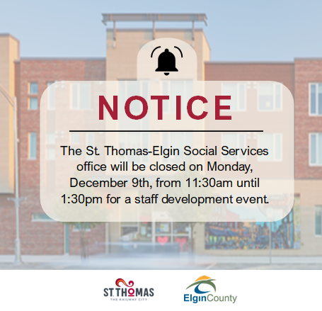 StThomasSocial1's tweet photo. 🔔 Office Closure Notice

Please be advised that the St. Thomas-Elgin Social Services office will be closed on Monday, December 9th from 11:30am to 1:30pm for a staff development event.

The office will re-open at 1:30pm. https://t.co/SOFdyHUNz1