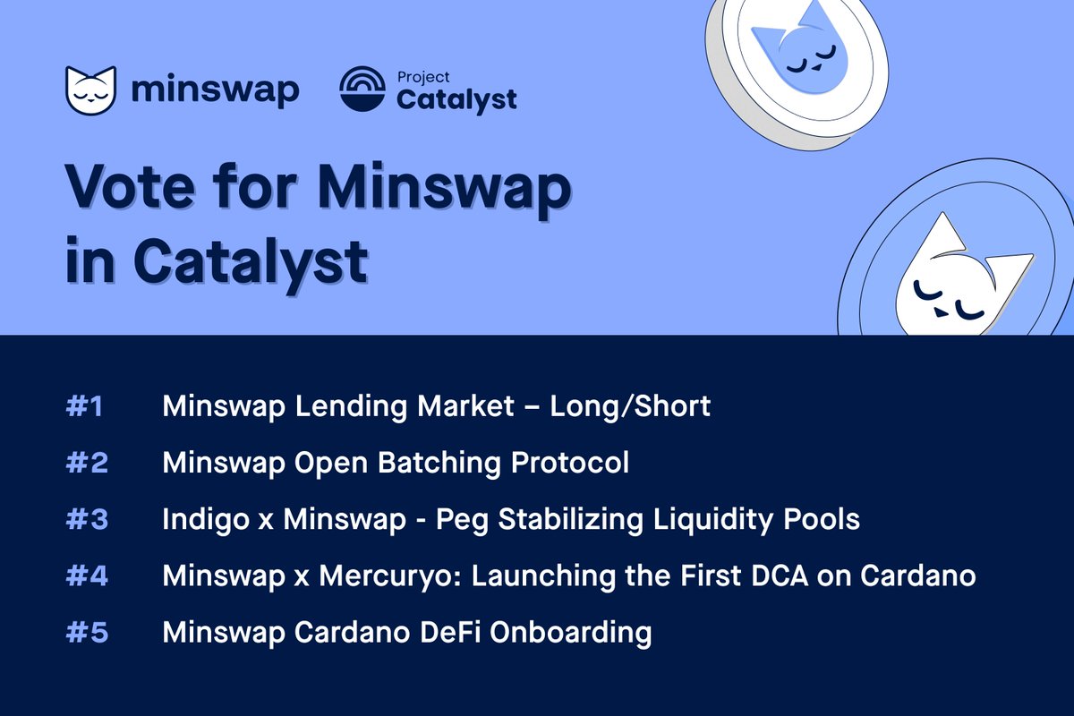 MinswapDEX's tweet image. 👋 To our Cardano community, please support the Catalyst proposal. Minswap has been built on Cardano for three years and is one of the most used apps.
There are five Minswap proposals in this round: 

1) Minswap Lending Market – Long/Short: We will integrate Minswap with the…