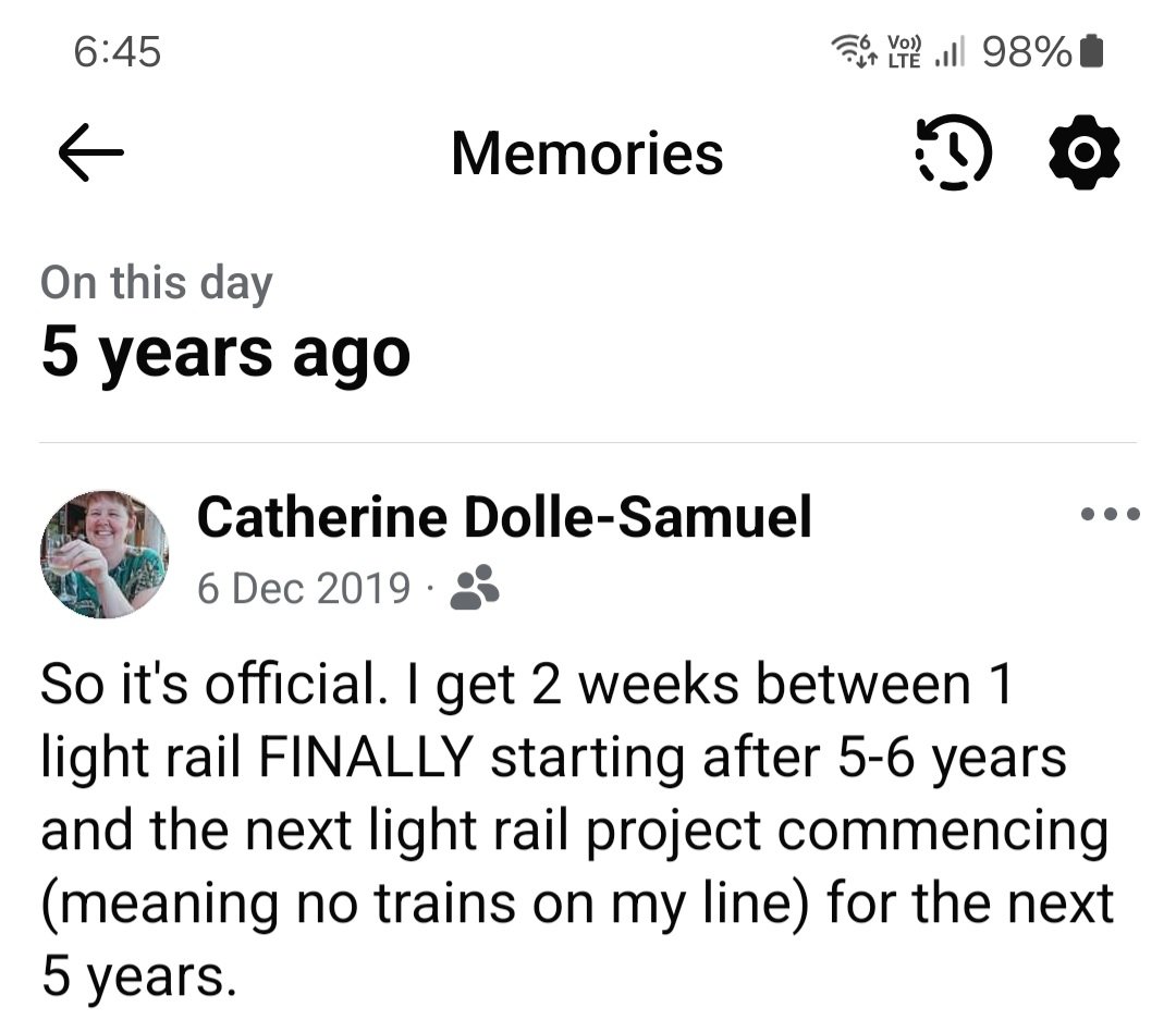 CDolleSamuel's tweet photo. In actuality it will be 7 years between trains stopping &amp; light rail starting #parramattalightrail @theparranews https://t.co/W0HdcEV10J