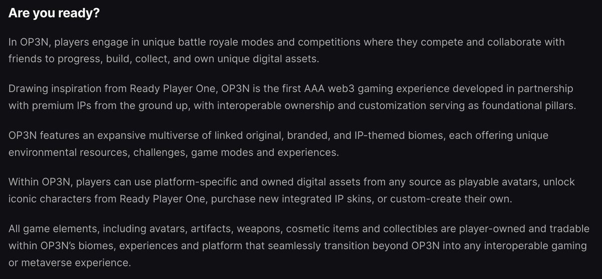 "All game elements...are player-owned and tradable within OP3N’s biomes, experiences and platform that seamlessly transition beyond OP3N into any interoperable gaming or metaverse experience." 👀