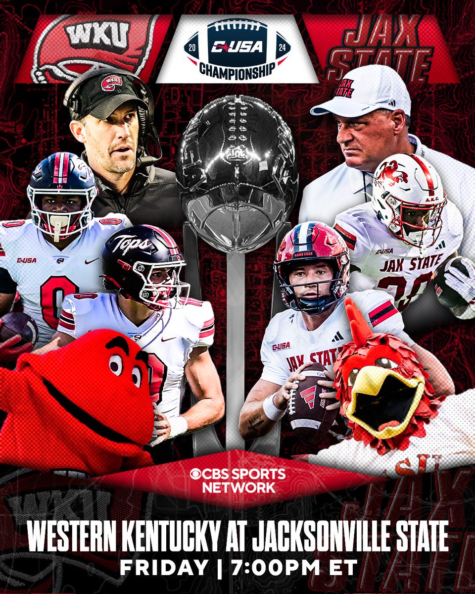 CBS Sports College Football 🏈 (@cbssportscfb) on Twitter photo The <a href="/ConferenceUSA/">Conference USA</a> champion will be crowned Friday night 🏆
It’s <a href="/WKUFootball/">WKU Football</a> taking on <a href="/JaxStateFB/">Jax State Football</a> at 7PM ET on <a href="/CBSSportsNet/">CBS Sports Network</a>.
Who you got? The <a href="/ConferenceUSA/">Conference USA</a> champion will be crowned Friday night 🏆
It’s <a href="/WKUFootball/">WKU Football</a> taking on <a href="/JaxStateFB/">Jax State Football</a> at 7PM ET on <a href="/CBSSportsNet/">CBS Sports Network</a>.
Who you got?