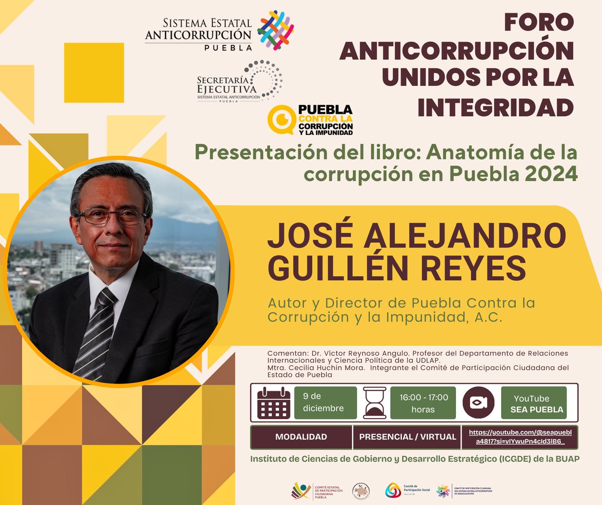 📖 No te pierdas la presentación del libro:
"Anatomía de la corrupción en Puebla 2024"
Por <a href="/aleguillenr/">Alejandro Guillén</a>, director de PCCI A.C.
🗓️ 9 de diciembre
⏰ 16:00 h.
📍 Modalidad: Presencial / Virtual
🛜 Transmisión en vivo: acortar.link/RKcgjy
<a href="/V_Reynoso/">Victor Reynoso</a> @Cecihuchin