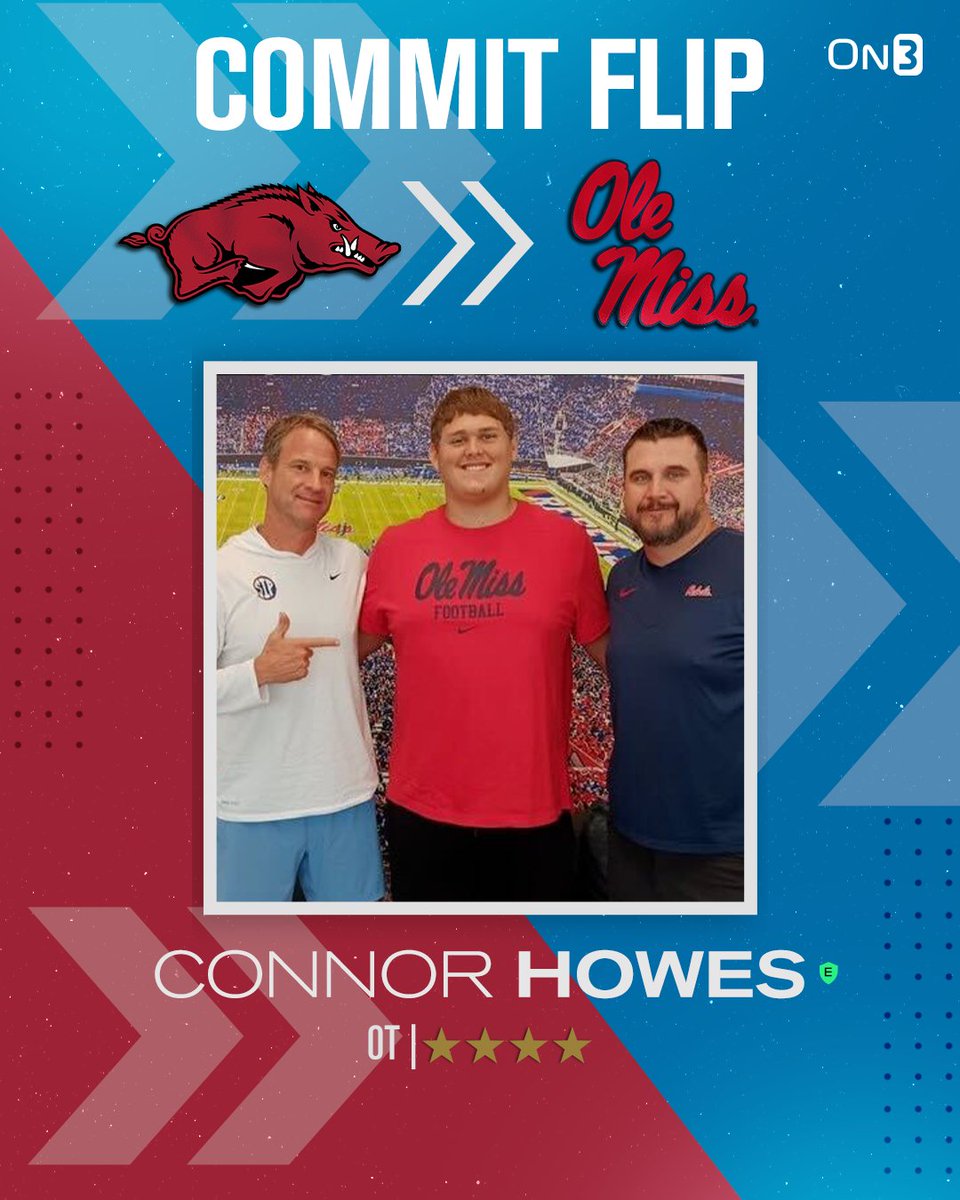 Rivals's tweet image. 🚨BREAKING🚨 On300 OT Connor Howes has flipped his commitment from Arkansas to Ole Miss🦈

Read: on3.com/news/ole-miss-…
