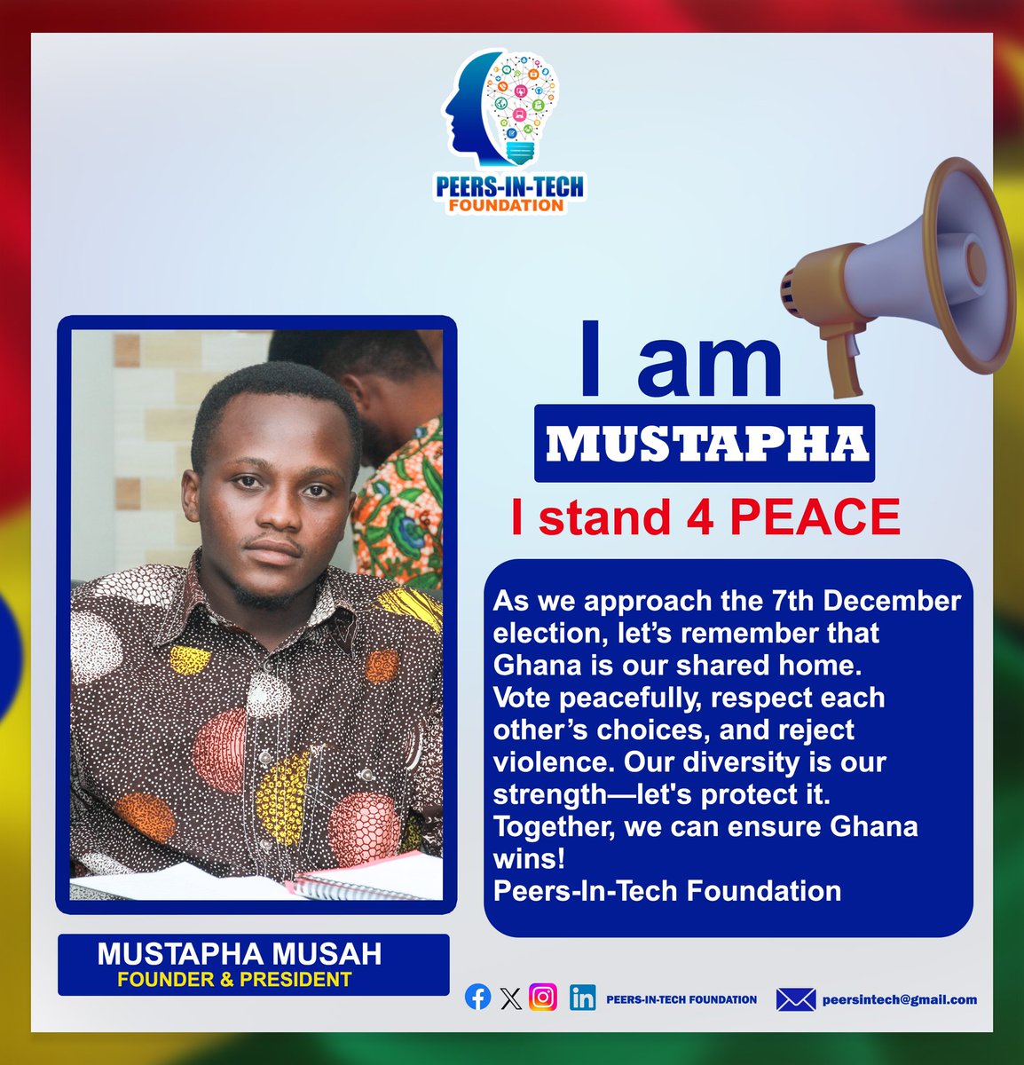 peers_intech's tweet photo. As we approach the 7th December election, let’s remember that Ghana is our shared home. Vote peacefully, respect each other’s choices, and reject violence. Our diversity is our strength—let's protect it.

Together, we can ensure Ghana wins!

Peers-In-Tech
#Election2024 https://t.co/7fxVZN25X3
