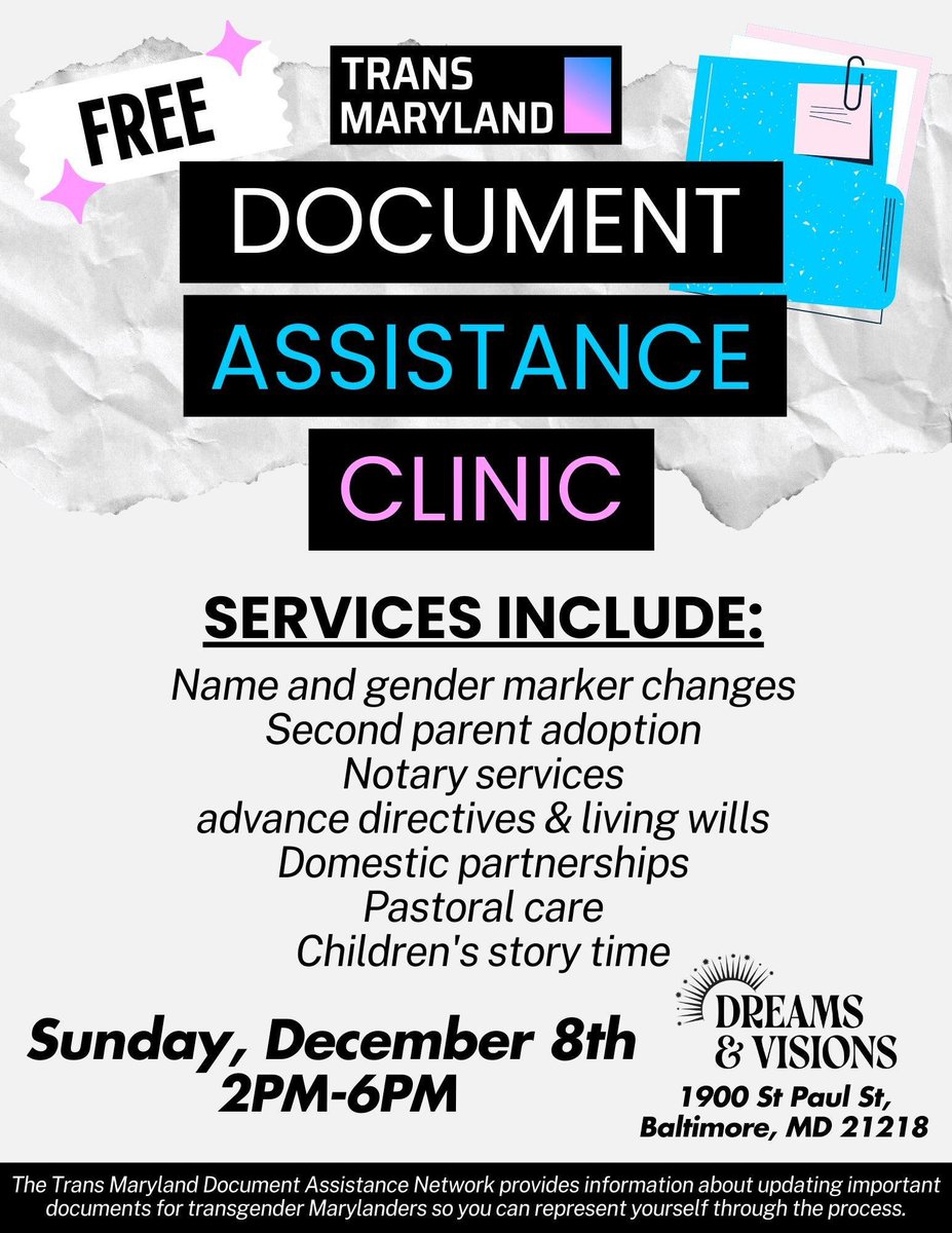 PPMaryland's tweet photo. This Sunday, Dec. 8th, join our partners Trans Maryland for a FREE Document Assistance Clinic.

For community members seeking guidance on starting the legal processes of name changes, second parent adoption, and more, Trans Maryland staff will be there as a free resource. https://t.co/LrAUz6a5U2