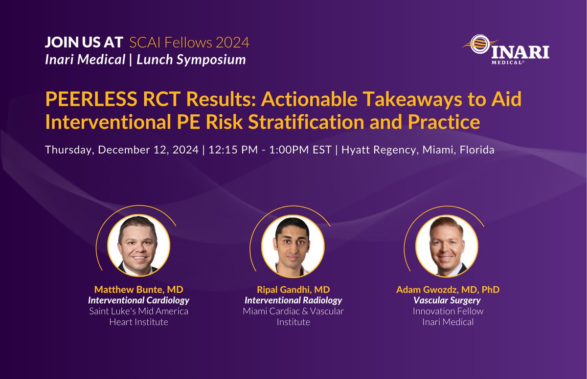 InariMedical's tweet photo. Attention residents and fellows! Don't miss two exciting opportunities next week at #SCAI24.

Thursday, December 12: Join Drs. @mcbunte , Ripal Ghandi, and @DrAdamGwozdz  as they discuss actionable takeaways from the #PEERLESS RCT.

Saturday, December 14: Network and gain hands-on experience with the latest #VTE technology alongside our Medical Affairs team, Drs. @AndrewNiekampMD  and @DrAdamGwozdz , and expert faculty member, Dr. @MichaelJolly77.

This is your chance to connect, learn, and elevate your skills. We can't wait to meet you!

We can't wait to meet you!

#InariMedical #MedicalInnovation @SCAI