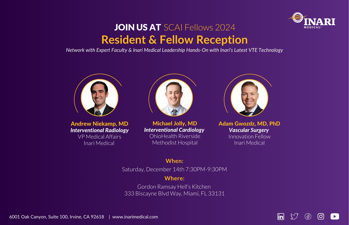 InariMedical's tweet photo. Attention residents and fellows! Don't miss two exciting opportunities next week at #SCAI24.

Thursday, December 12: Join Drs. @mcbunte , Ripal Ghandi, and @DrAdamGwozdz  as they discuss actionable takeaways from the #PEERLESS RCT.

Saturday, December 14: Network and gain hands-on experience with the latest #VTE technology alongside our Medical Affairs team, Drs. @AndrewNiekampMD  and @DrAdamGwozdz , and expert faculty member, Dr. @MichaelJolly77.

This is your chance to connect, learn, and elevate your skills. We can't wait to meet you!

We can't wait to meet you!

#InariMedical #MedicalInnovation @SCAI