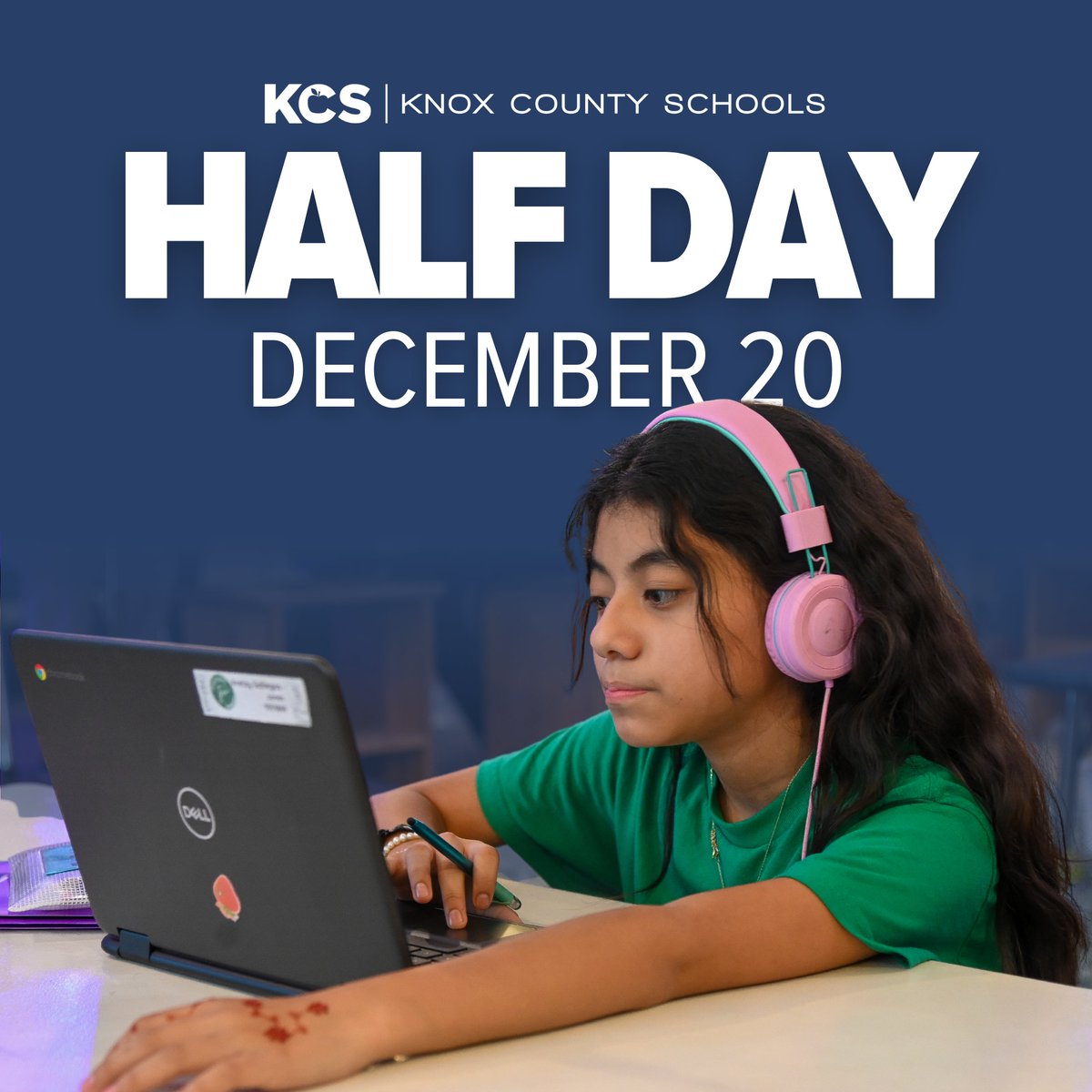 Tomorrow, Dec. 20, is a half day for KCS students! View release times at knoxschools.org/schedule.