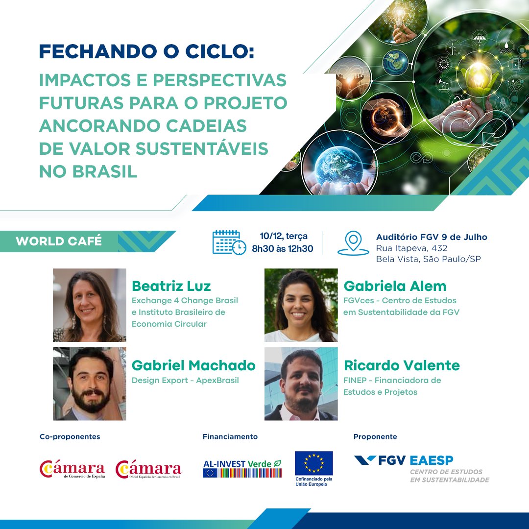 🌎♻️ Fechando o ciclo: Impactos e perspectivas futuras para o projeto Ancorando Cadeias de Valor Sustentáveis no Brasil

Confira a agenda e participe do evento!
📅: 10 de dezembro (terça)
🕓: das 8h30 às 12h30
🗺️: Auditório FGV 9 de Julho

📲 Inscreva-se: evento.fgv.br/ancorandocadei…