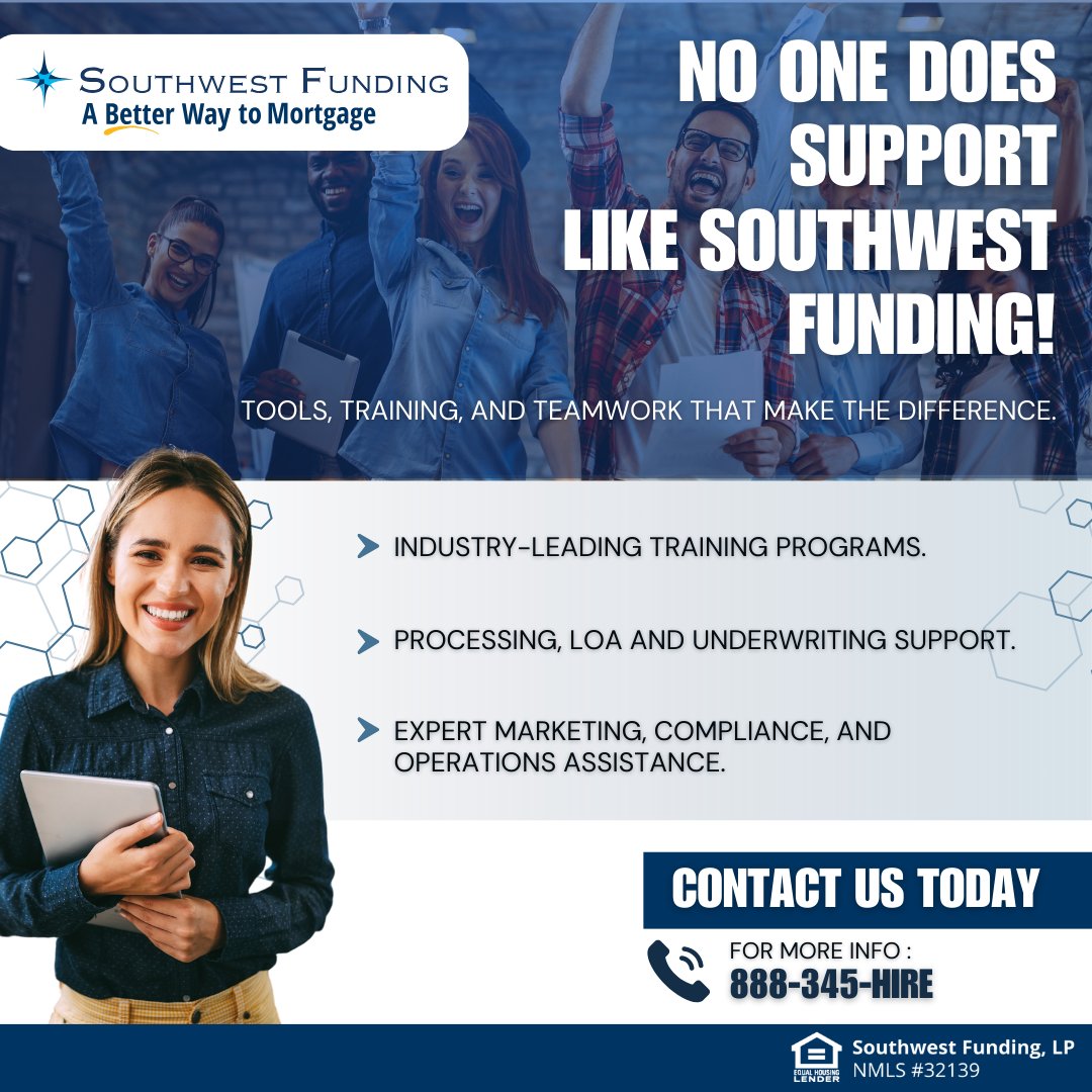 swfunding1's tweet image. No One Does Support Like SWF

Support that works as hard as you do. 🤝
At SWF, our team has your back—from training to underwriting and beyond. Ready to experience the difference?

.

.

.

#UnmatchedSupport #SWFStrong #LoanOfficerTools #MortgageCareers #WeveGotYourBack