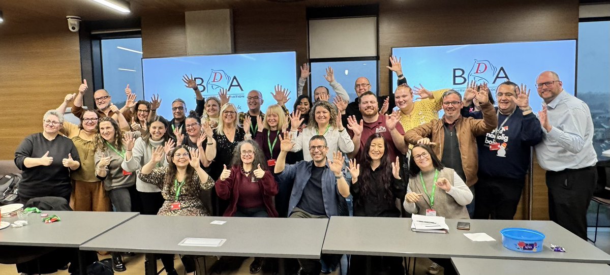 BDA_Deaf's tweet photo. We went to Cardiff for our staff Christmas meal &amp; Away Day this year. Discussed internal processes &amp; well-being policies in the workplace. So good to see staff come together from all over the UK 🇬🇧. Thank you BDA Cymru for organising it. #TakingBSLforward #BSL2032 https://t.co/j7BhcWXykX