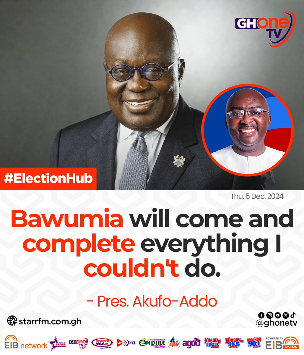 ghonetv's tweet photo. #ElectionHub: Bawumia will complete everything I couldn't do... - Pres. Akufo-Addo 

#GHOneTV #EIBNetwork 
#GHOneNews #NPP #NDC
#CAFShouldPaySpiky https://t.co/qVwyRMsyV5