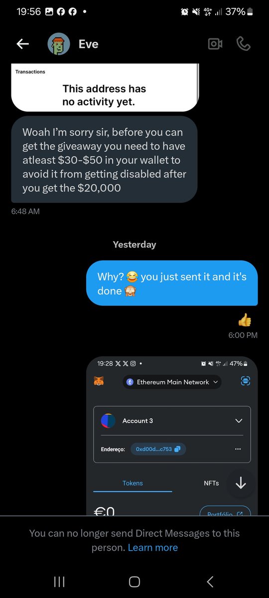 Franciscorlaa's tweet photo. Just won a #Giveaway guys 😂
One where you need to have money in your wallet to be able to receive it 🤦‍♂️
Be careful in #crypto space 😅
Spread good harvest good ❤️
@Evec0ins was my friend who wanted to give me 10k, sorry 20k
#ScamAlert https://t.co/x3lbsd68lO