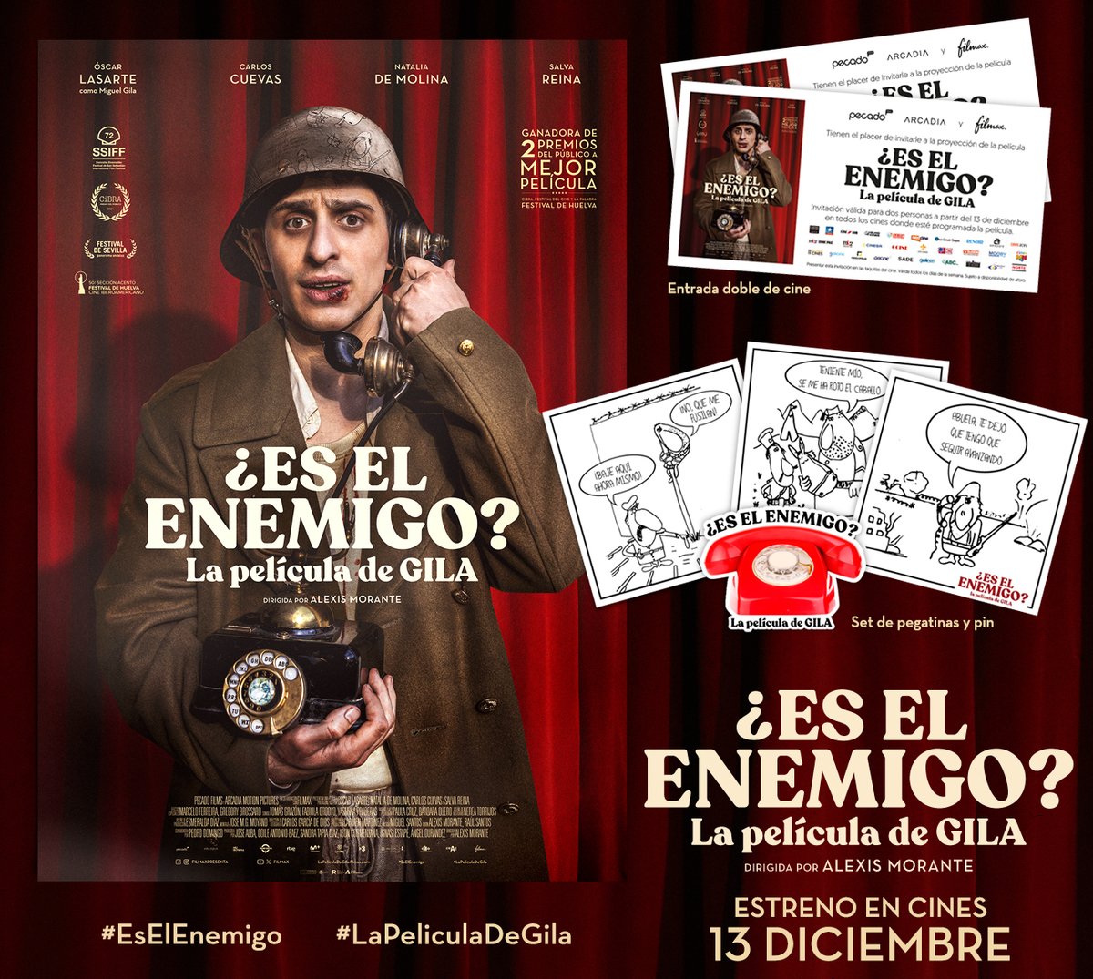 ‼️#SORTEO‼️

3️⃣ PACKS de #EsElEnemigo☎️#LaPeliculaDeGila 

1️⃣ Set de pin y pegatina viñeta + 1️⃣Entrada Doble

👍🏻 RT + FOLLOW + MENCIÓN a un amigo

👉🏻 ¡Síguenos! <a href="/filmax/">Filmax</a>  y <a href="/35milimetros_es/">35 Milímetros Cine y TV 🎬 📺</a>

⏰ Fin: 13/12 a las 10:00 h.

🍀 ¡Mucha suerte! 🍀

Más info: bit.ly/3ZvcuRP