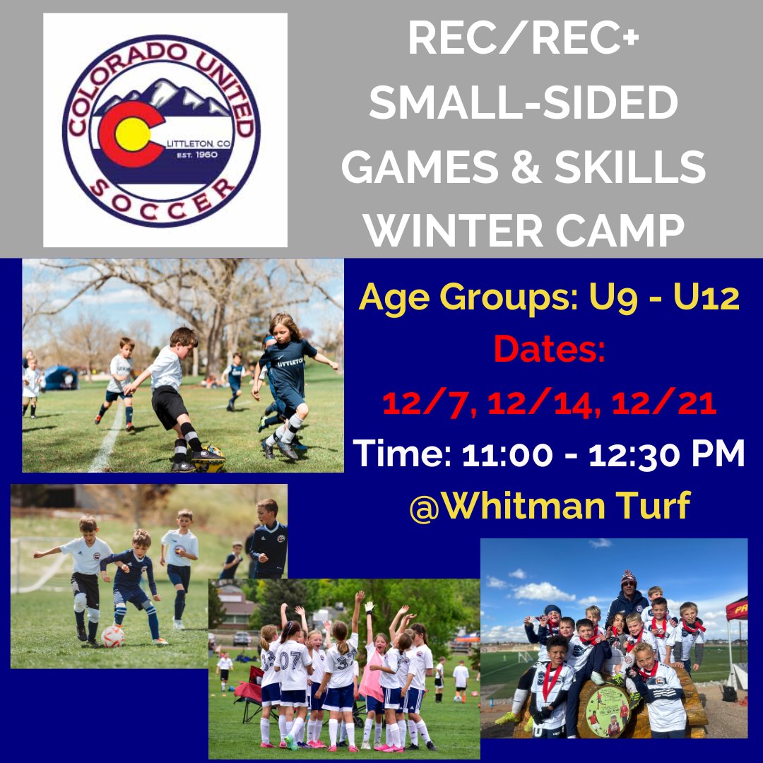 counitedsoccer's tweet photo. The Winter Small-Sided Games and Skills Camp starts in a couple of days! Make sure to sign up today so you don't miss out on this great opportunity. 
-
Sign up here: https://t.co/K98N2d9REi
#coloradounitedsoccer #littleton #winterprogramming https://t.co/1TEFIEwvrd