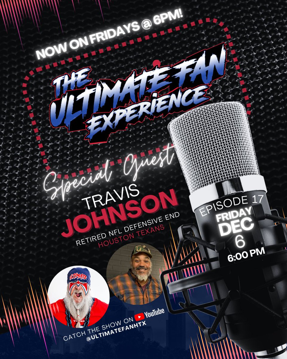 ultimatefanhtx's tweet photo. This Friday at 6pm CST: 📣 I'm sitting down with NFL veteran and Houston Texans alumnus Travis Johnson to talk football, life after the game, and everything in between. 🎙️

💻https://t.co/AlINtwBfwW

#TheUltimateFan #HoustonTexans #NFLVeteran #TravisJohnson https://t.co/X88jPM4rF3