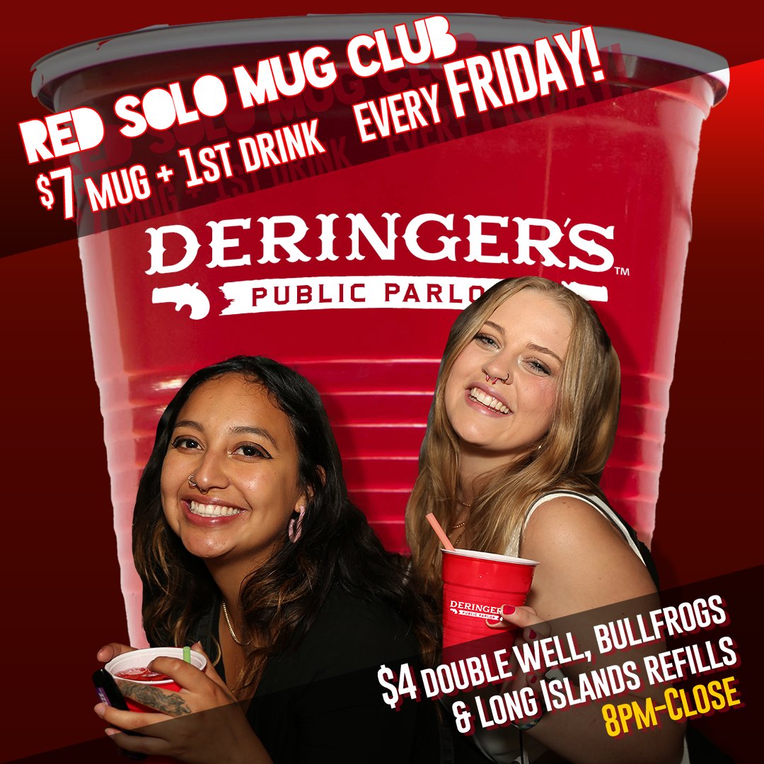 DeringersCF's tweet photo. 🥳🍻 Cheers to Friday with Deringer's Mug Club 8pm-close!

$7 Mug &amp; first drink:
🍹 Double Wells
🐸 Bullfrogs
🏝️ Long Islands
$4 REFILLS!🥤✨

#deringers #deringerscf #countrylife #countrymusic #countrygirl #cedarfalls #mainstreetcedarfalls #iowa https://t.co/JK1W61iLqG