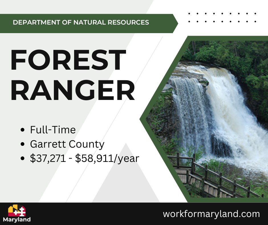 Marylandgovjobs's tweet photo. The Maryland Department of Natural Resources is seeking a Forest Ranger. This position is located in Garrett County with a salary range of $37,271 - $58,911/year.
Apply Here: https://t.co/5CxHqe5L8s
More Info: https://t.co/0YRleH714r
#MDStateJobs #StateJobs #ForestRanger #DNR https://t.co/NrqkphEHkH
