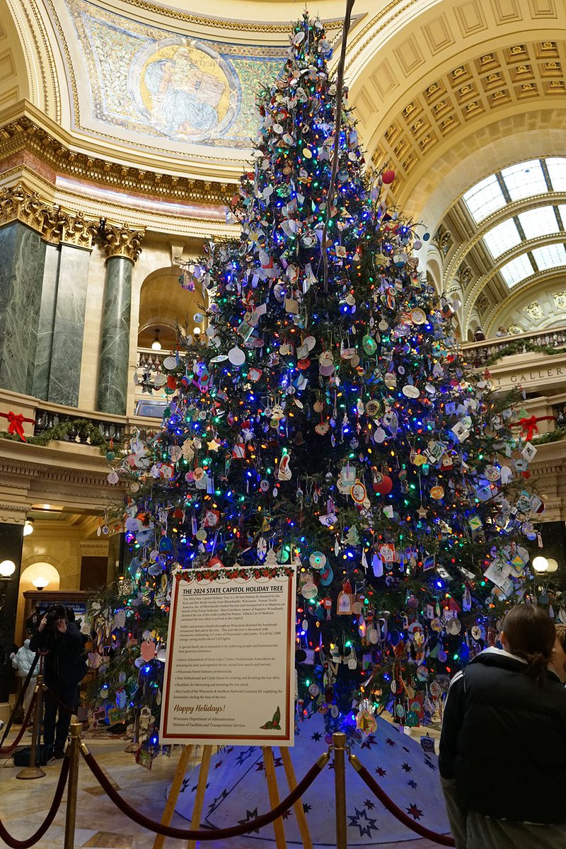 WisconsinDOA's tweet photo. The #Wisconsin State Capitol #HolidayTree has been officially lit, with a special guest in attendance—Smokey the Bear! The holiday season is here, and the tree is shining bright. Stop by to see the stunning display! https://t.co/YU6Shaefk5