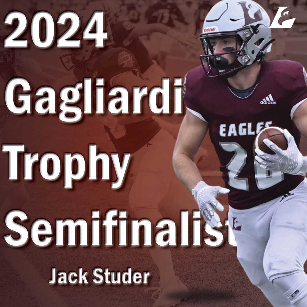 <a href="/UWLEagleFB/">UW-La Crosse Football</a> Jack Studer has been selected a semifinalist for the 2024 Gagliardi Trophy. Named to the 2024 All-WIAC First Team, Studer led UWL in receptions (64), yards (1,081) and touchdowns (9). He ends his career first in career touchdown receptions (35) and yards (3,127).