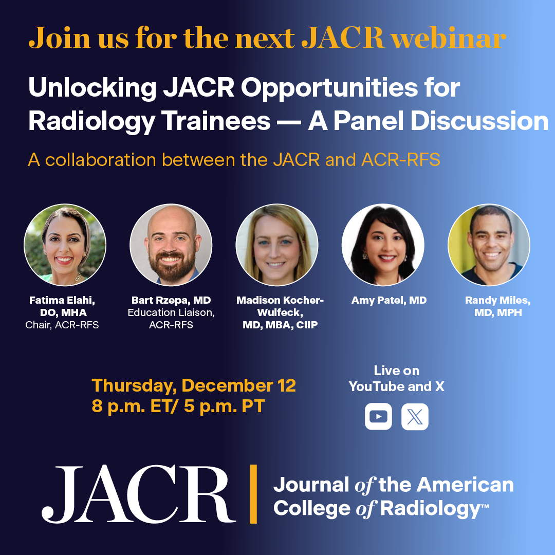 JACR (@jacrjournal) on Twitter photo One week away! 📅 🕗 🎬 ✅
Join the <a href="/ACRRFS/">ACR RFS - We've Moved! Follow @RadiologyACR.</a> and the #JACR for a lively discussion on the myriad ways #radiologists can get involved with the Journal early in their careers. This panel features current Hillman Fellows <a href="/FatimaElahi21/">Fatima Elahi</a> (also current ACR-RFS president) & One week away! 📅 🕗 🎬 ✅
Join the <a href="/ACRRFS/">ACR RFS - We've Moved! Follow @RadiologyACR.</a> and the #JACR for a lively discussion on the myriad ways #radiologists can get involved with the Journal early in their careers. This panel features current Hillman Fellows <a href="/FatimaElahi21/">Fatima Elahi</a> (also current ACR-RFS president) &