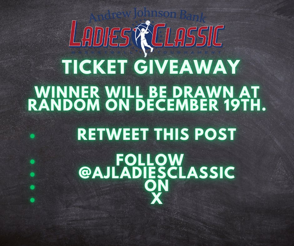 AJLadiesClassic's tweet photo. Enter to win 2 Andrew Johnson Bank Ladies Classic Tournament and Hospitality Passes.
The winner must RT this post and Follow the @AJLadiesClassic .
The winner will be drawn on Thursday, December 19th.
Follow our Facebook Page for another chance to win. https://t.co/crHSPb7jPN
