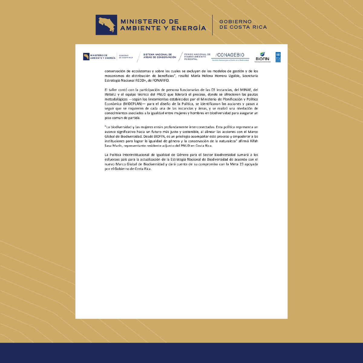En favor de los recursos naturales y la igualdad entre mujeres y hombres
ARRANCA FORMULACIÓN DE POLÍTICA INTERINSTITUCIONAL PARA LA IGUALDAD DE GÉNERO EN EL SECTOR BIODIVERSIDAD DEL MINAE