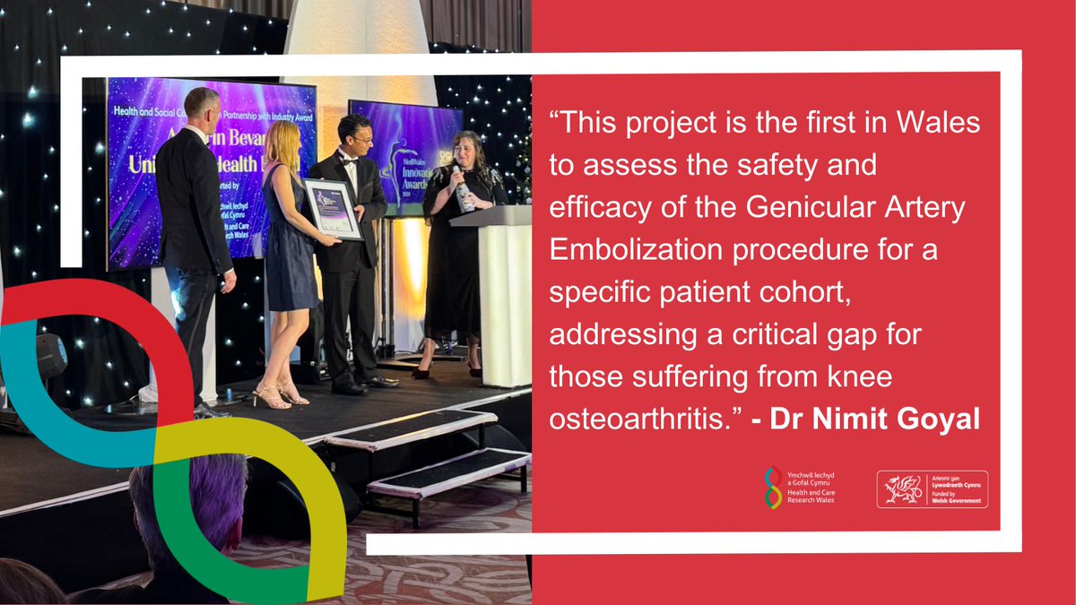 Health and Care Research Wales (@researchwales) on Twitter photo A huge congratulations to Dr <a href="/NimitGoyal111/">Nimit Goyal</a> and his team at <a href="/ABUHB_Research/">ABUHB R&D Department</a> on winning the Health and Care Research Partnership with Industry Award at the @MediWales Innovation Awards.
They explored an innovative service to manage pain in mild to moderate knee osteoarthritis. A huge congratulations to Dr <a href="/NimitGoyal111/">Nimit Goyal</a> and his team at <a href="/ABUHB_Research/">ABUHB R&D Department</a> on winning the Health and Care Research Partnership with Industry Award at the @MediWales Innovation Awards.
They explored an innovative service to manage pain in mild to moderate knee osteoarthritis.